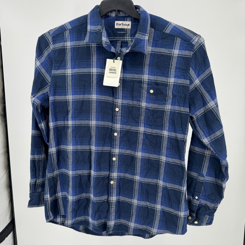 Barbour Flannel Shirt Naval Searchlight Mens XL Navy Blue Plaid Tailored Fit NWT